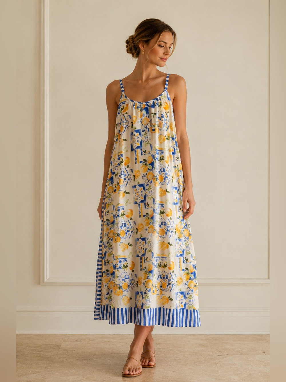 Entro Blue Lemon Print Tank Maxi Dress NWT Size M